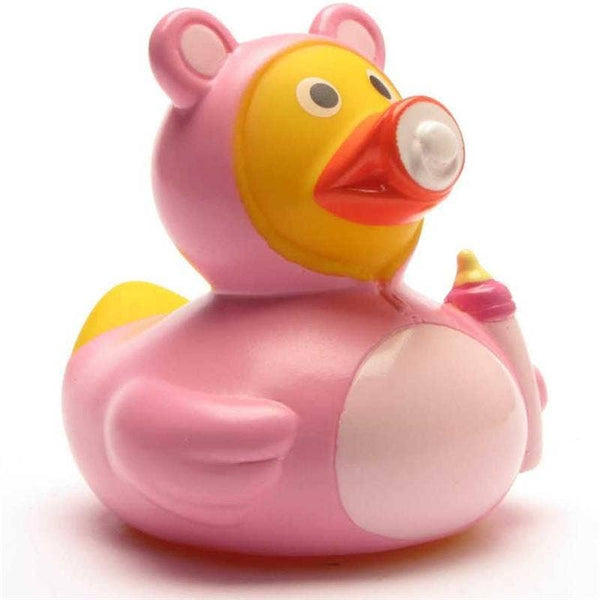 Canard en caoutchouc bébé fille rose avec tétine et biberon