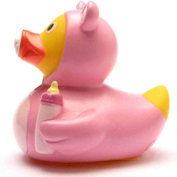 Canard en caoutchouc bébé fille rose avec tétine et biberon
