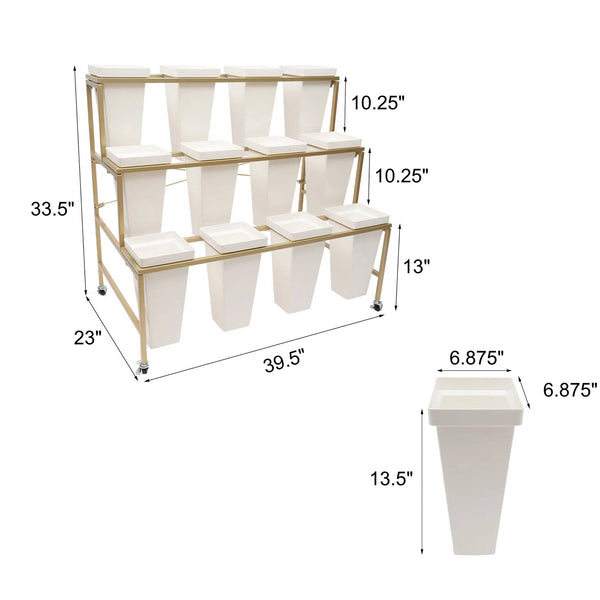 Présentoir à fleurs de qualité à 3 niveaux et 12 seaux, métal doré: Blanc