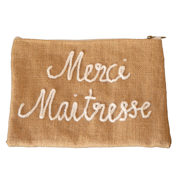 Pochette Jute "Merci maitresse" blanc