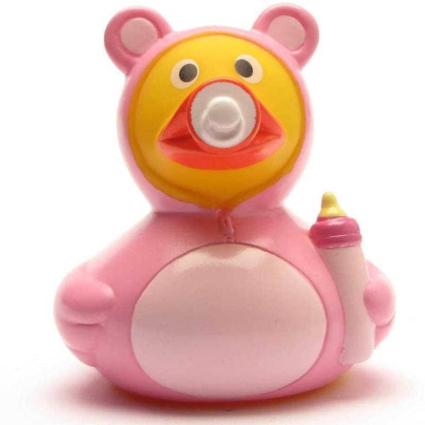 Canard en caoutchouc bébé fille rose avec tétine et biberon