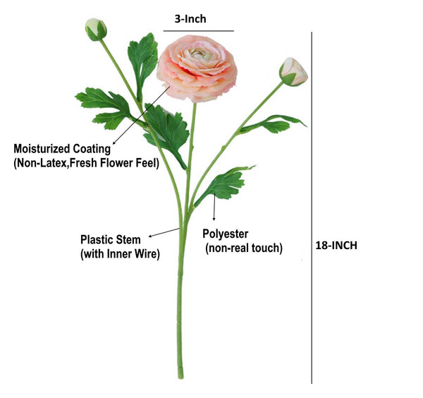 Renoncule artificielle ultra réaliste toucher réel de 46 cm: Blanc avec garniture lavande